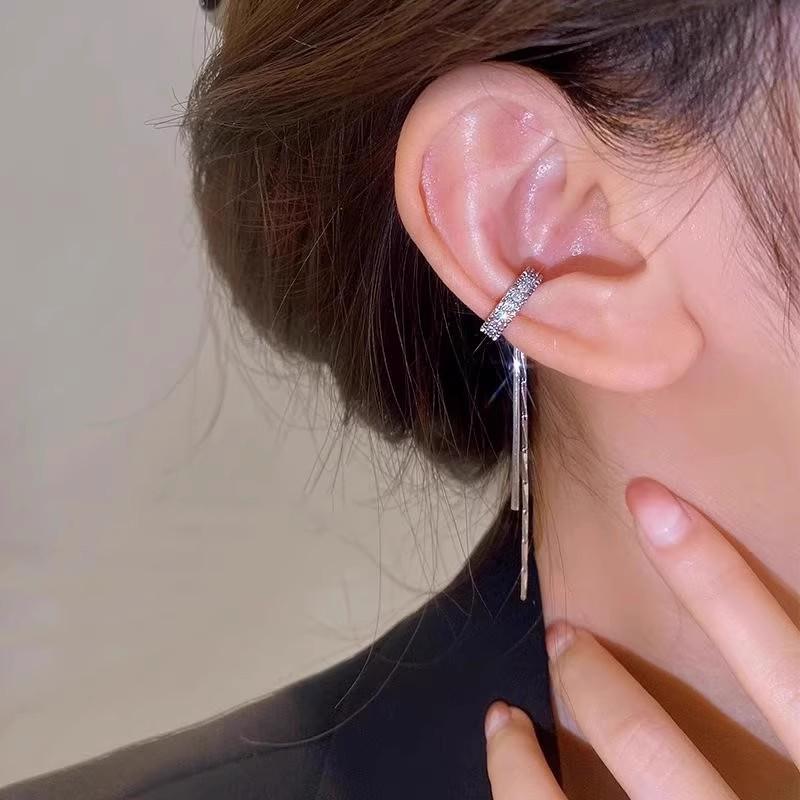 Silver Color Crystal Tassel Non-Piercing Cuff Ear Clip Earring for Women Shiny Zircon Chain Fake Cartilage Piercing Jewelry