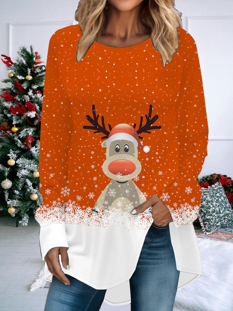 Kobiety Plus Size Wiosna Boże Narodzenie Nadrukowana Wygodna Koszulka z Długim Rękawem Okrągły Dekolt Casualowa Luźna Średniej Długości T-shirt Top
