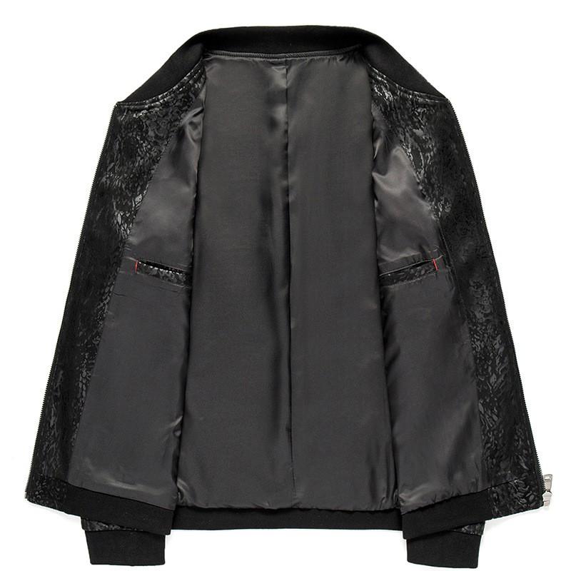 Mens Genuine Leather Short Bomber Jacket With Stand Collar Floral Slim Fit
