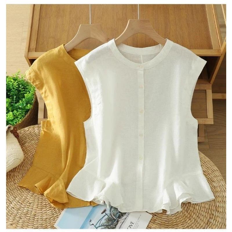 Women Yellow Linen Blend Sleeveless Blouse With Ruffle Hem And Button Down Casual Summer Top
