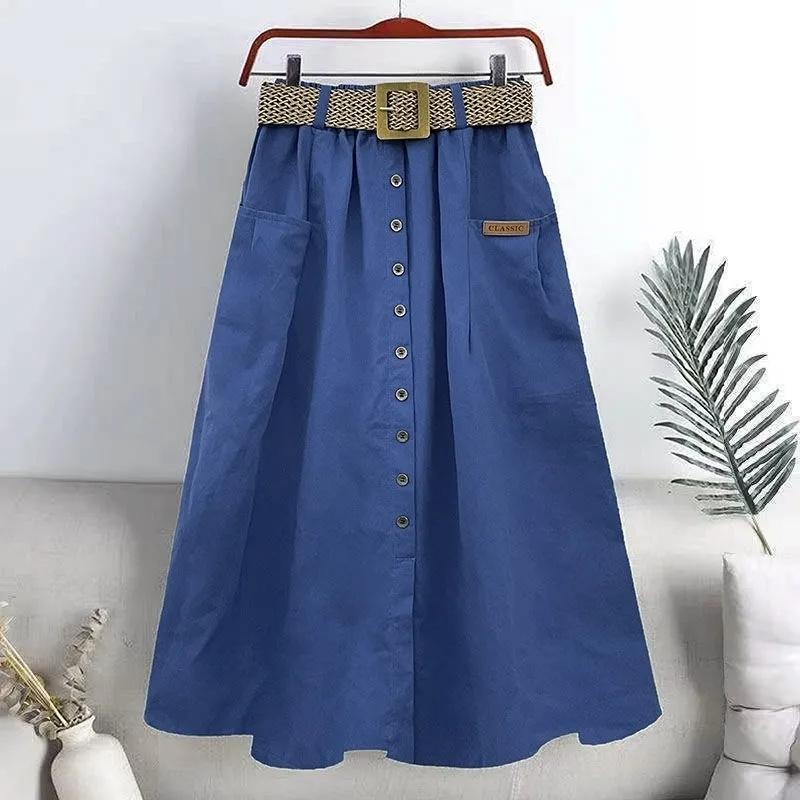 2025 Spring Summer Women Washed Cotton Elastic High-waist Skirt Pocket Belt Solid Long A-line Skirts Split Hem All-match Skirts