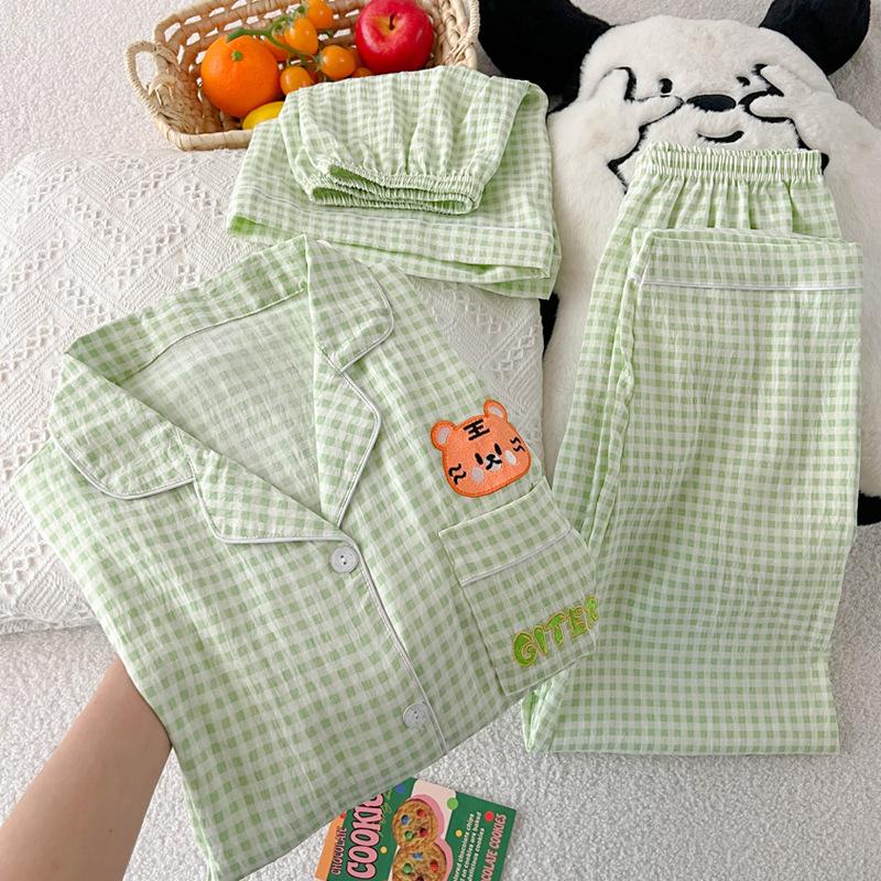 

Fashion Design Cartoon Green Grid Cloud Cotton Pajamas Women S Summer Short-Sleeved Loungewear Three-Piece Set 2XL