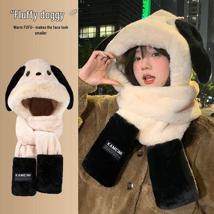 Women's Cute Bear Plush Hooded Snood with Warm Gloves and Scarf Set