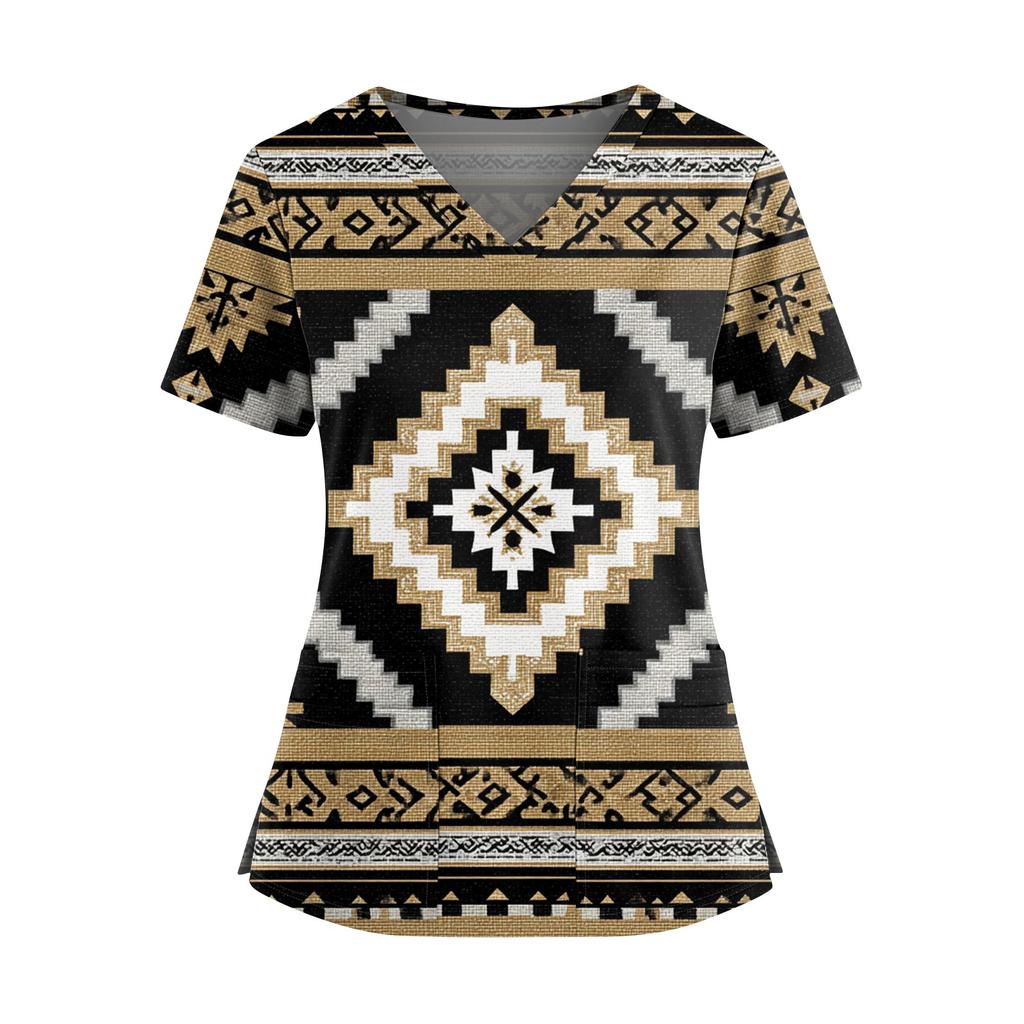 Dámská módní košile s květinovým potiskem, výstřihem do V, dvojitou kapsou, krátkým rukávem, rozparkem na lemu a ochranným pracovním topem