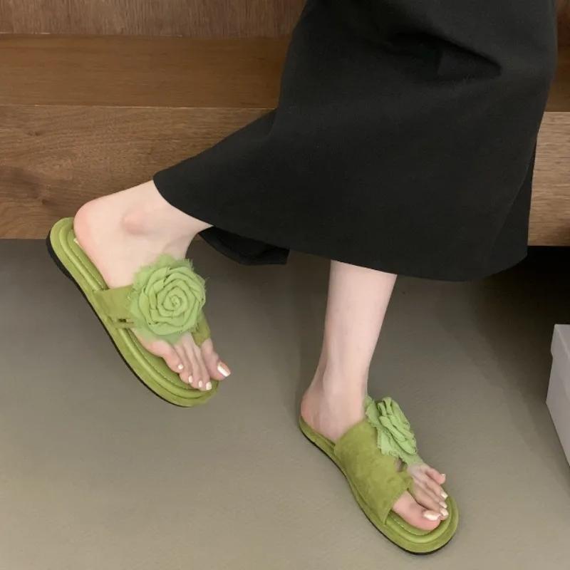 Women's Flat Slippers Elegant Solid Color Home Round Toe Clip-toe Flip-flops Summer Fairy Style Flower Designer Zapatillas Mujer