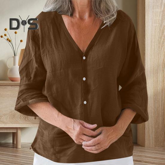 Dámská košile volného střihu s výstřihem do V a 3/4 rukávy, letní top se zapínáním na knoflíky, jednobarevné ležérní tričko pro každodenní nošení