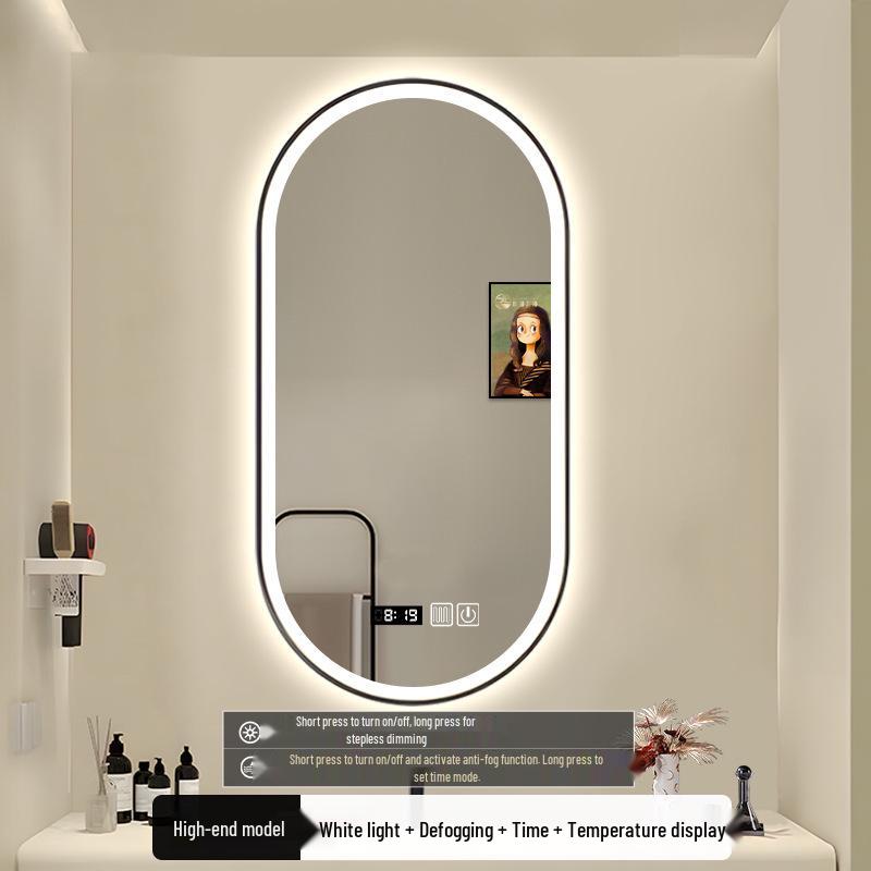 Oval LED Illuminated Aluminum Bathroom Mirror with Smart Makeup Features