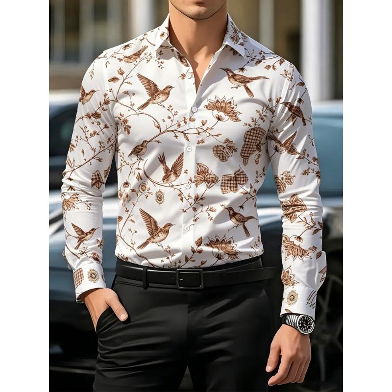 Men's Floral Printed Long Sleeved Lapel Shirt, European and American Nightclub Party Trend Casual Floral Shirt