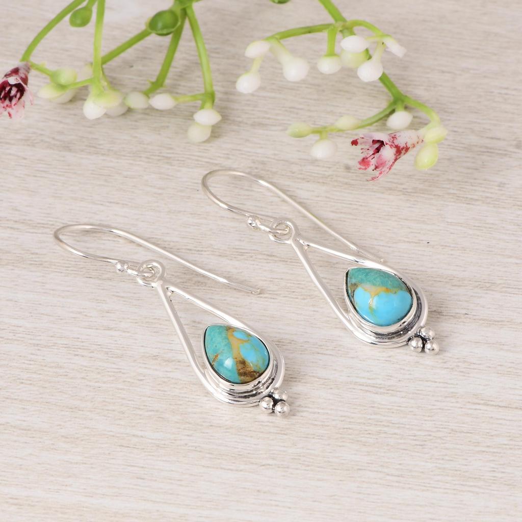 Natural Turquoise Drop Earrings 925 Silver, Pear Shape Turquoise Earrings, Handmade Gemstone Jewelry.