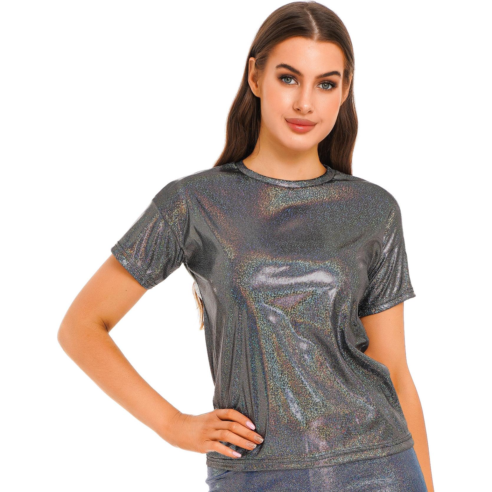 

Женская блестящая футболка с металлическим блеском, блестящие топы для джазовых танцев, модная футболка с круглым вырезом и короткими рукавами, Клубная одежда, уличная одежда S чёрный