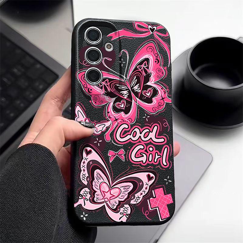 Cool Girl Butterfly Painting Case For Samsung S26 S25 S24 Ultra S23 S22 S21 FE A15 A16 A17 A26 A35 A36 A37 A54 A55 A56 A57 5G Leather Texture Cover