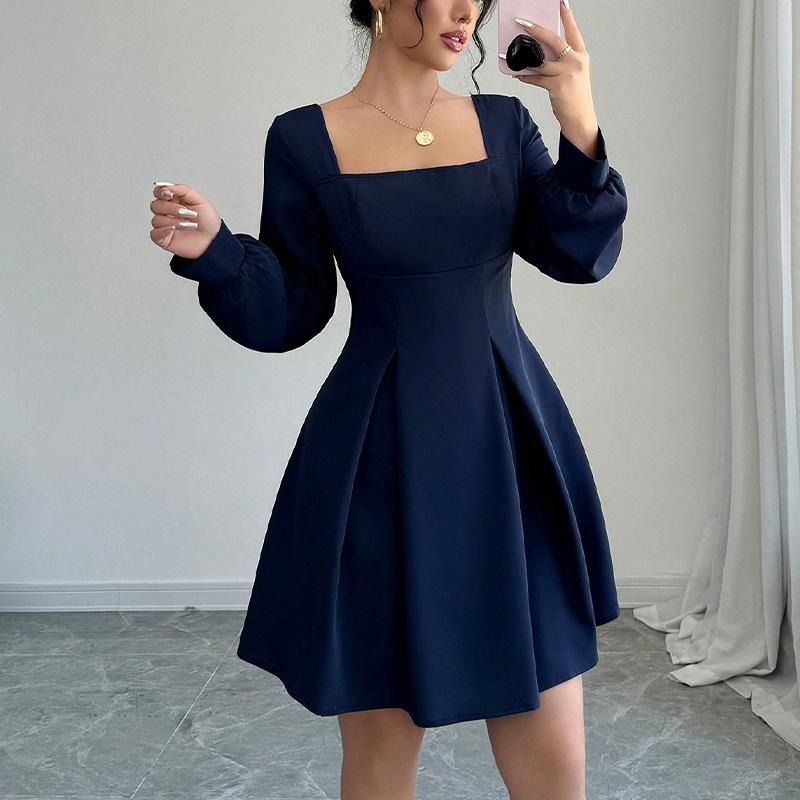 

Fashion Loose A-line Mini Dress for Women Autumn Winter Soft Square Neck Bodycon Dress Long Sleeve Office Lady Navy Blue Dresses S