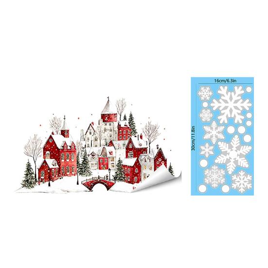Weihnachts-Fenstersticker Statische Aufkleber, Verschneite Stadthäuser Schneeflocken Glasaufkleber, Wiederverwendbare Klebefreie Adsorption Weihnachten Aufkleber, Feiertagsdekoration für