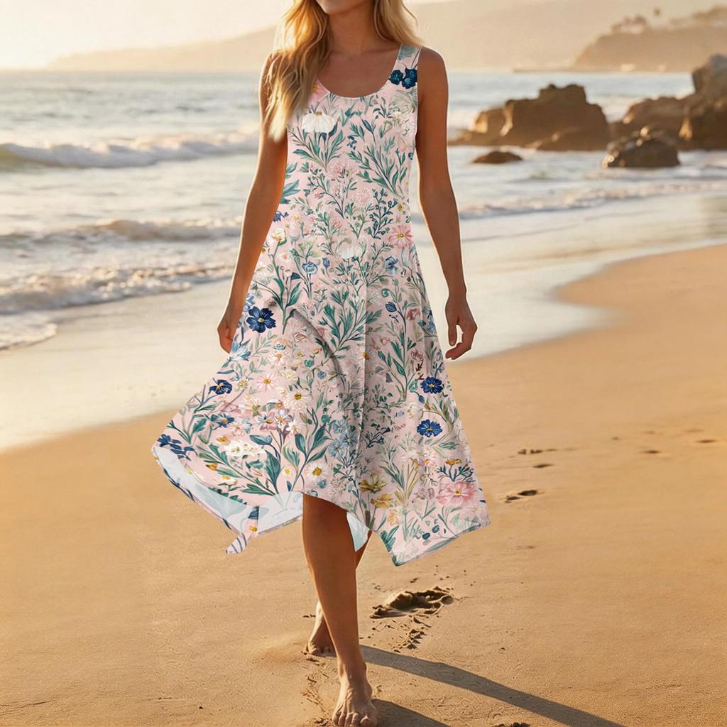 Women Sleeveless Casual Floral Print Dress Round Neck Irregular Hem Mid Length Summer Dress Lightweight Comfortable