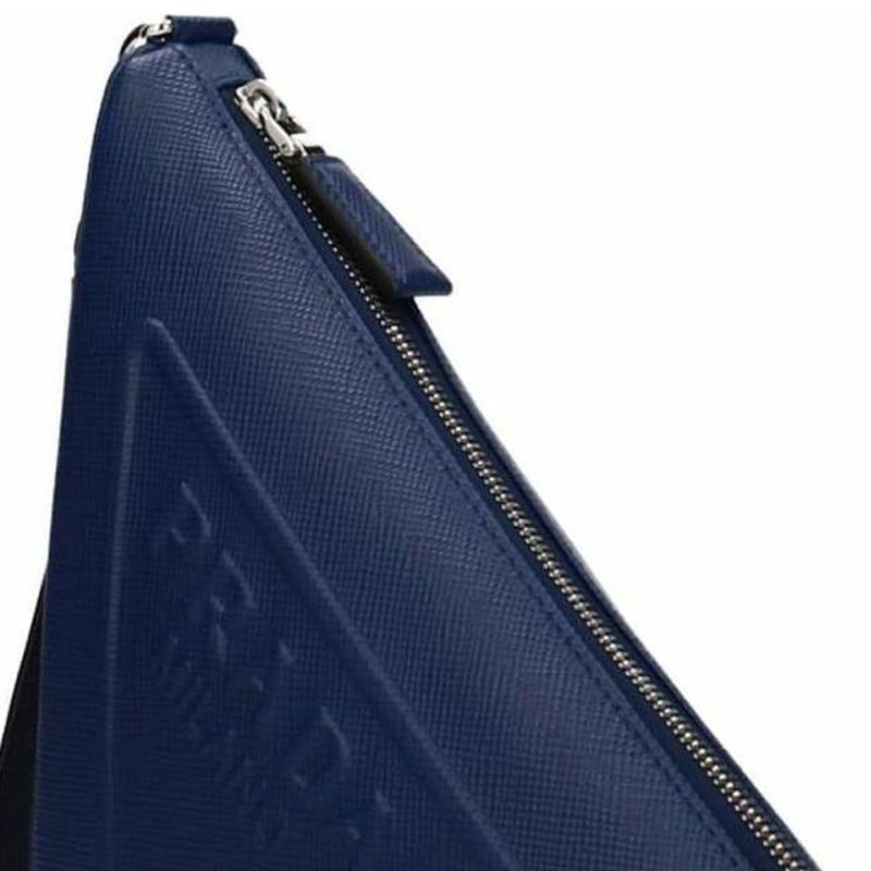 Prada Triangle Monochrome Embossed Logo Leather Triangle Clutch Small Men Clutch Blue 2NE054_2FAD_F0016