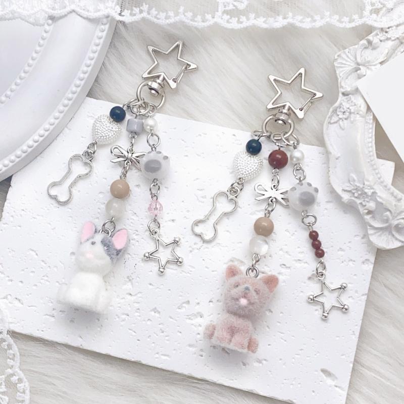 Couple Dog Phone Charm Keychain Fashionable Korean Style Flocking Dog Phone Charm Keychain Pendant for Couples