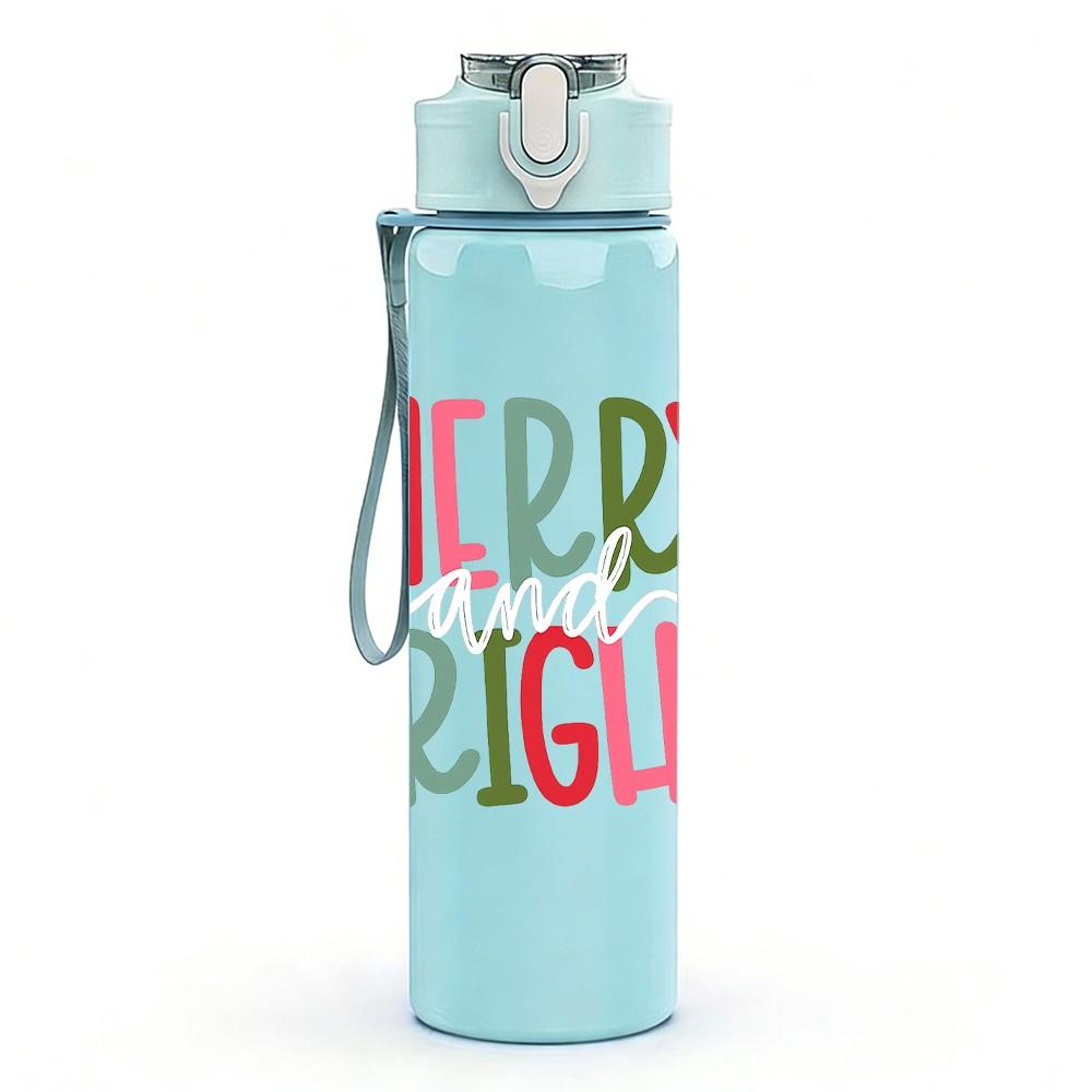1PC Merry And Bright Festive Letter Text Print 750ml Color Plastic Sports Water Bottle Leakproof Flip Straw Lid Suitable for Sports Office Home Use