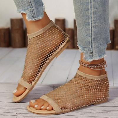 Summer Woman Fishnet Flat Sandals Bling Rhinestone Mesh Sandals Lightweight  Hollow Out Shoes Woman Plus Size Zapatos De Mujer