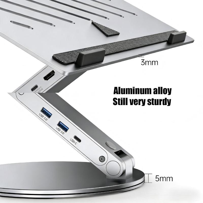 Regulowany aluminiowy stojak na laptopa z dołączonym połączeniem USB typu C oferujący szybkie ładowanie 100 W i szybki transfer danych USB