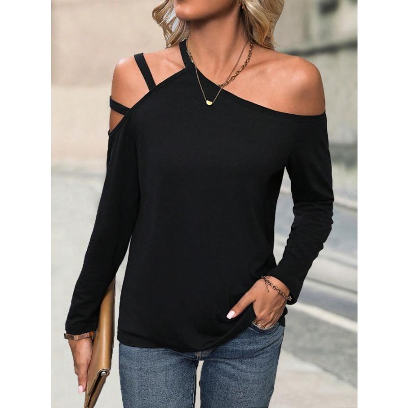 Women Simple Slant Collar Off Shoulder Long Sleeve Casual Commute T Shirt Top