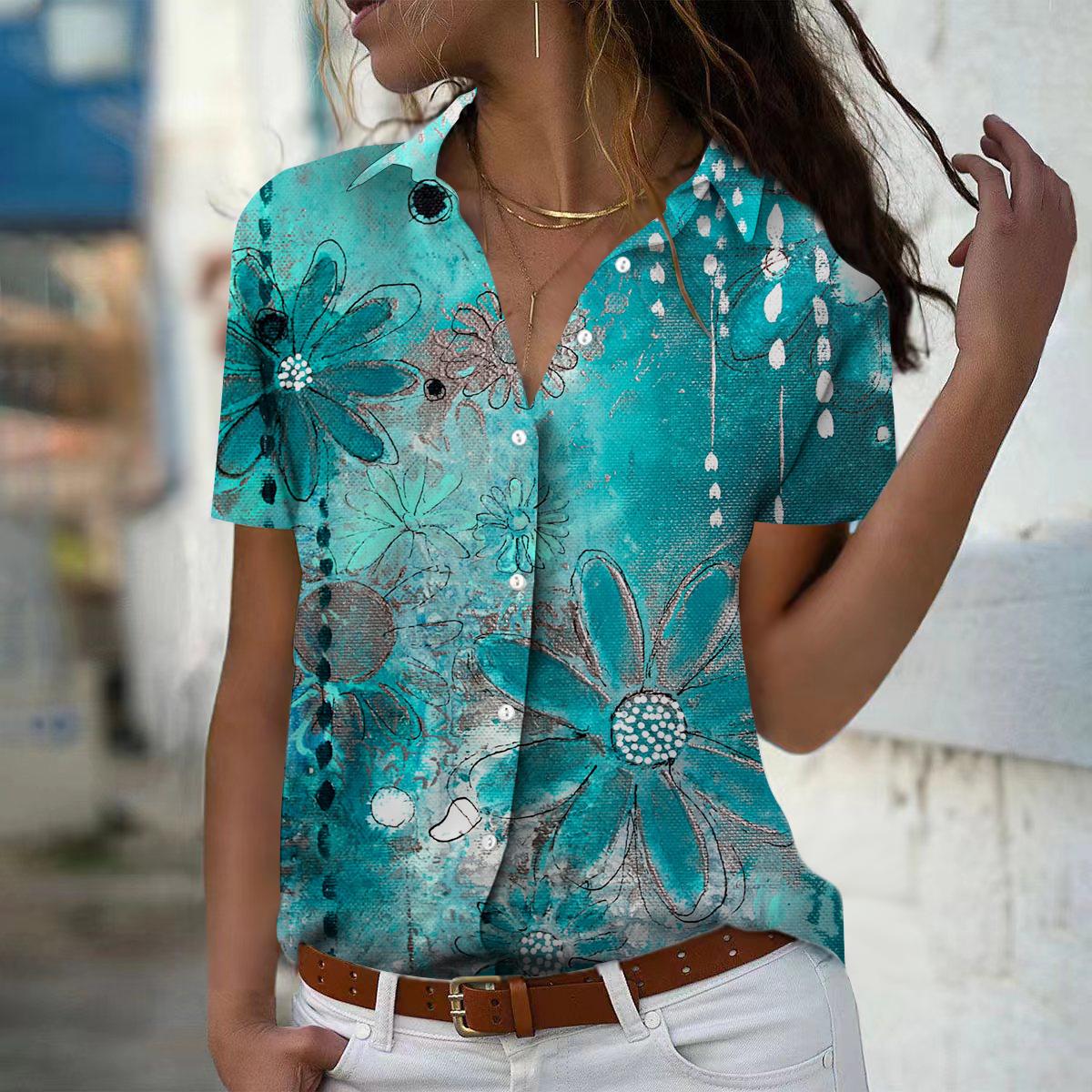 

2025 Summer New Fashion Women s Flower Printed Short Sleeve V-neck Casual Button-down Shirt Top 8XL синій