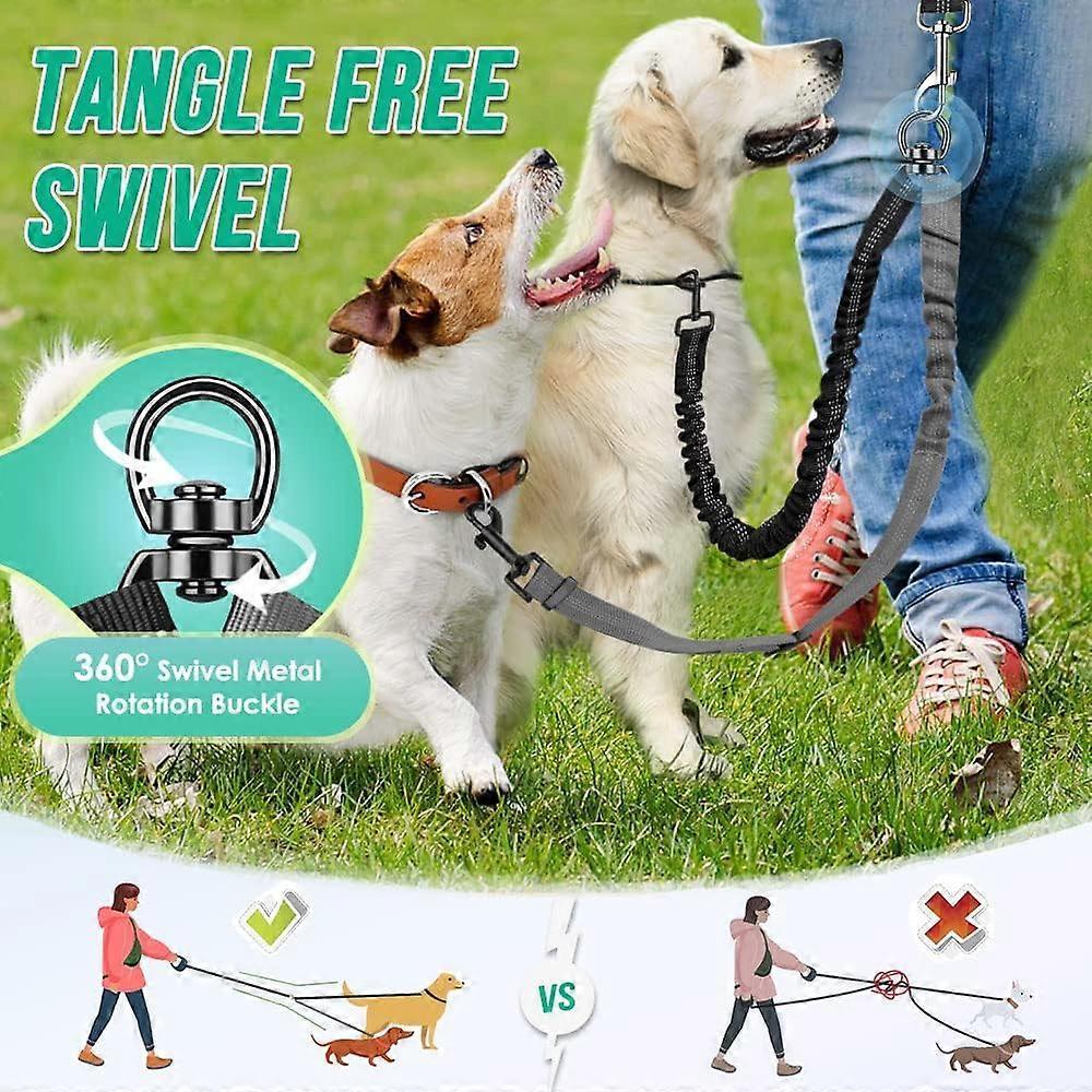 2-in-1 Doppelleine für Hunde, verbesserte Version, mit verstellbaren Riemen und stoßdämpfendem elastischem Seil, Schwarz Grau
