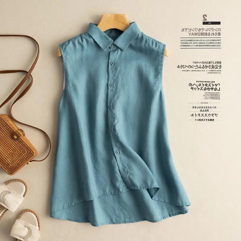 Blusa sin mangas de lino gris claro para mujer con cuello y botones, top tipo tank top casual holgado