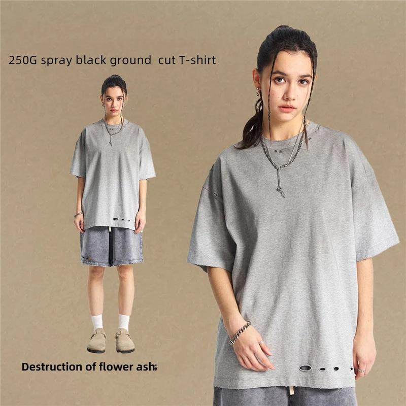 

Футболка мужская с короткими рукавами, окрашенная распылением, с дырками, в стиле ретро, с потертостями, с короткими рукавами XXL серый