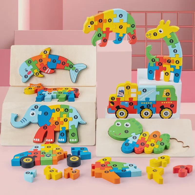 3D Animal & Transportation Wooden Toddler Puzzle Blocks for Early Education & Cognitive Development