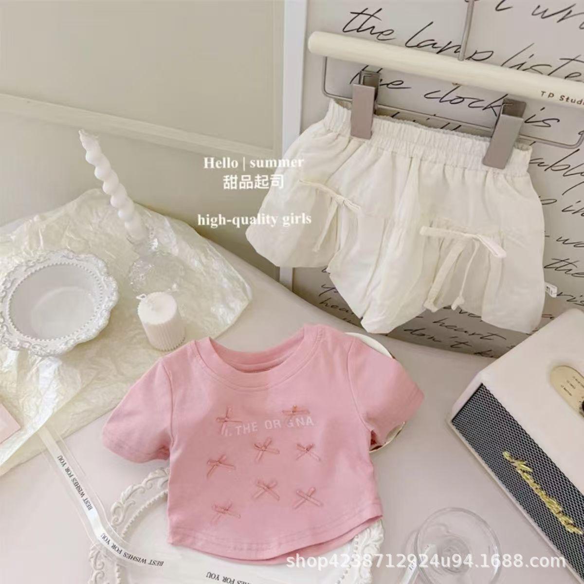 Girls Summer Preppy Pink Bow Bubble Pants Cute Two Piece Set 90