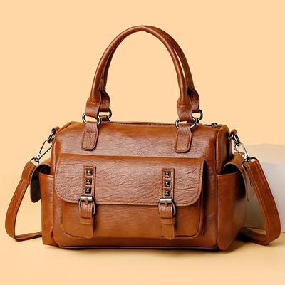 Women Fashion Boston Bag PU Leather Solid Color Single Shoulder Crossbody Bags Vintage Tote Handbag for Daily Commuting Shopping Travel