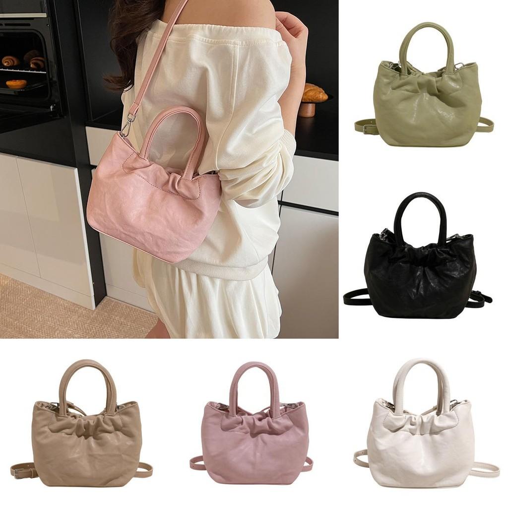Pu Design Pleated Shoulder Bag Women Minimalist Solid Color Closure Magnetic