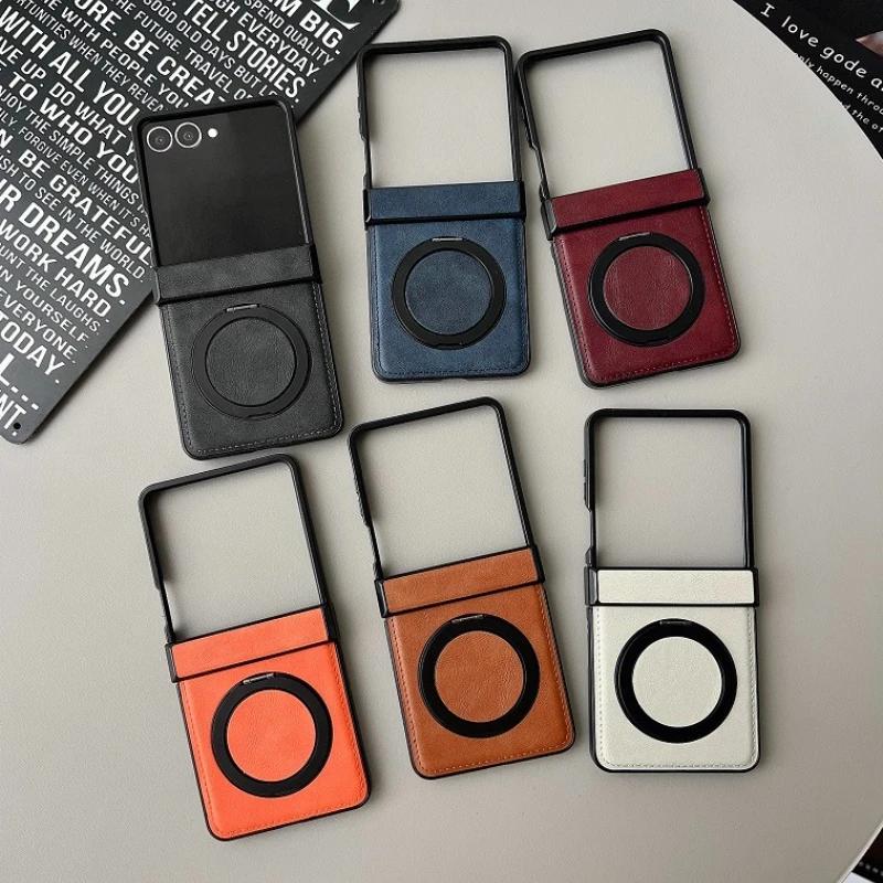 Business Sle Magnetic Rotating Holder Phone Case for Samsung Galaxy Z Flip3 4 5 6 7 Leather 3-piece Hinge Set Anti-Scratch Cover
