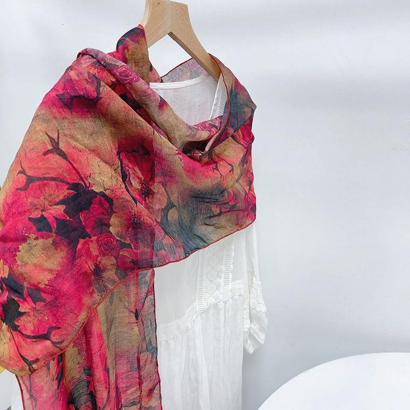 New Style Summer Lengthened Diamond Scarf Flower Printed Silk Sunscreen Scarf Irregular Shape Neck Shawl for Women