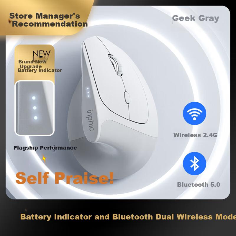 INPHIC X9PRO Wireless Ergonomic Vertical Mouse Office Silent Laptop Mouse 58° Support Anti-Pinch 4-Level DPI Gray