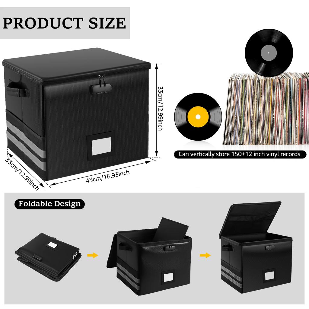 Ohnivzdorná vodotěsná úložná krabice na vinylové desky Organizér na desky se zámkem Přepravka na LP alba Pojme až 150+ singlů pro domácnost