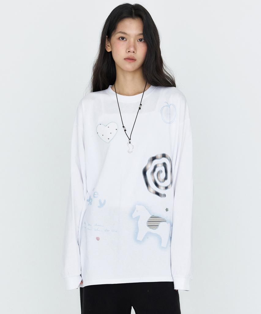 MONGDOL Patchwork Graphic Long Sleeve T-Shirt White Mdts105White