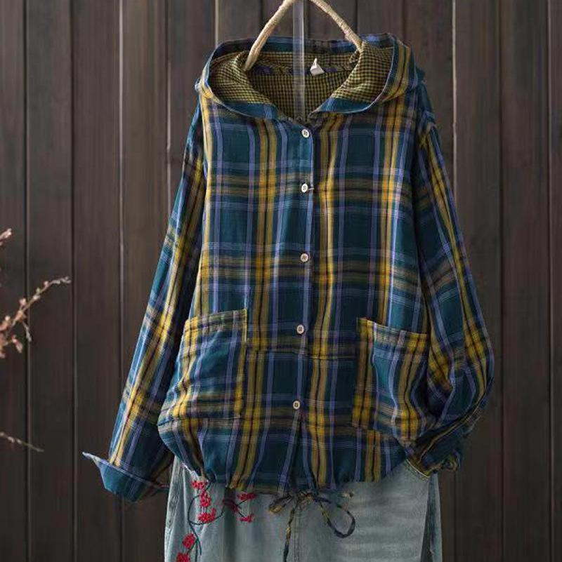 Women's Hooded Double-layer Cotton Yarn Plaid Shirt   Literary Retro Casual Cardigan Top Jacket