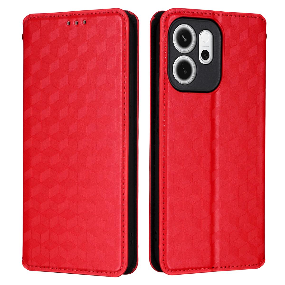

For Oppo Reno14 F 5G Case Wallet Rhombus Imprinted Leather Phone Cover Red