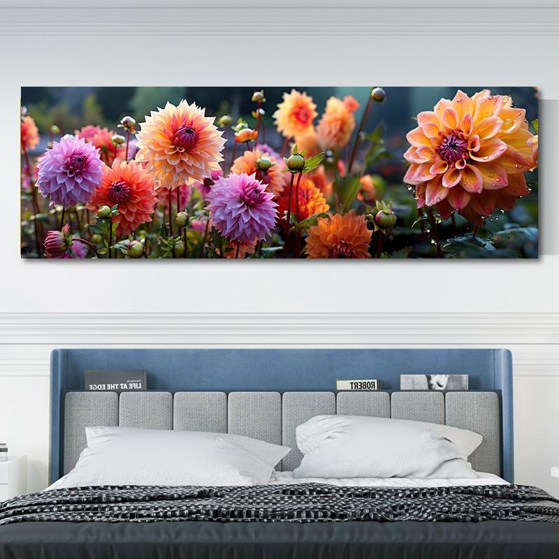Autumn Dahlia Mix Flowers with Rain Drops Canvas Painting, Colorful Flower Posters, Garden Prints, for Living Room Decor, Quadro