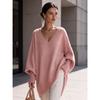 Women V Neck Loose Sweater Mid Length Long Sleeve Cozy Knit Top Fall Winter