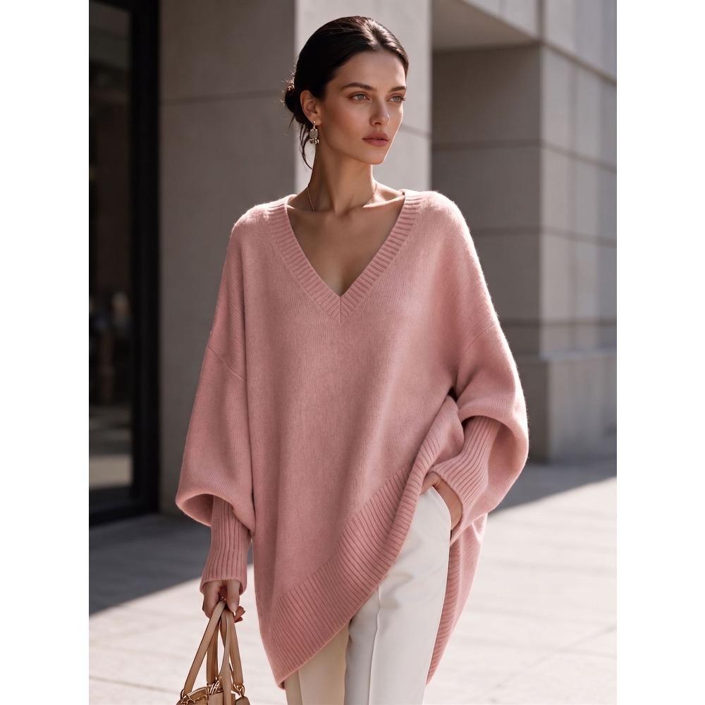 Women V Neck Loose Sweater Mid Length Long Sleeve Cozy Knit Top Fall Winter