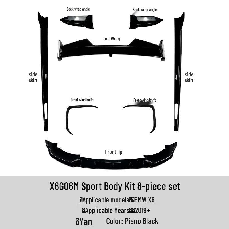 BMW X6 G06 Sport 2019+ Exterior Mod Kit: Front Lip, Wind Knife, Rear Wing, Side Skirt.