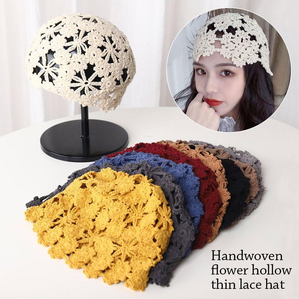 Flowers Knitted Hat Hollowed Out Skullies Hat Breathable Sun Visor  for Women