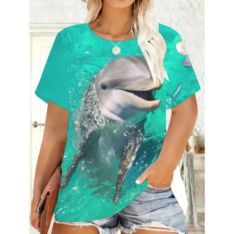 Summer Ladies 3D Dolphin Print Crew Neck T-Shirt