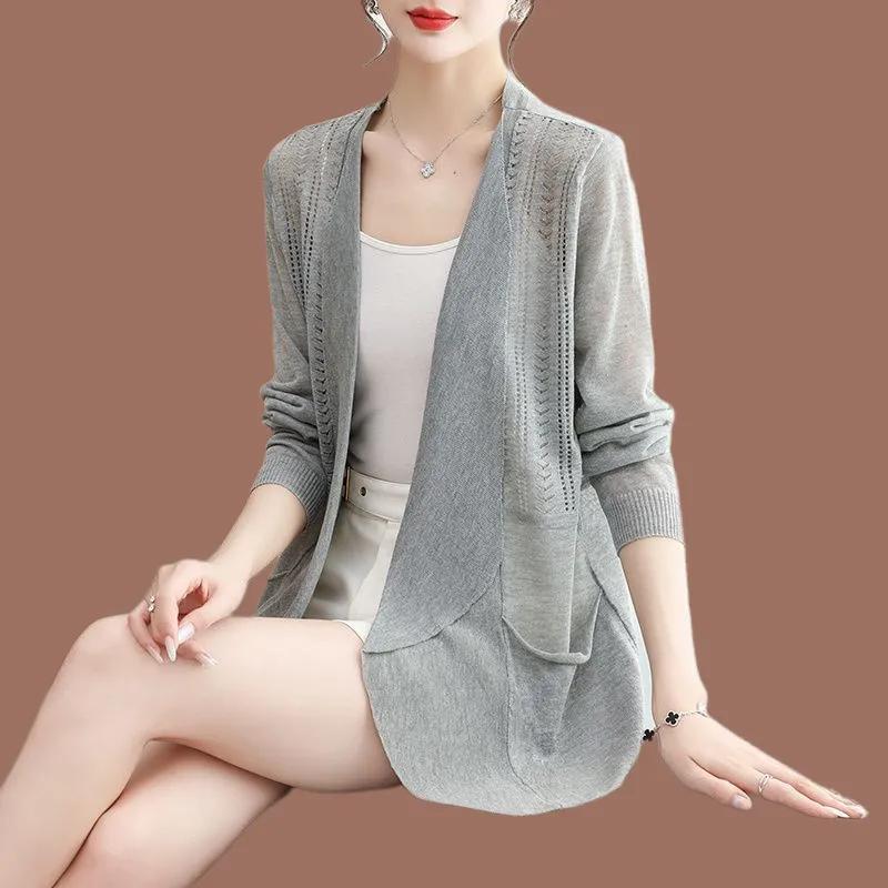 Elegant Women Long Knit Cardigan Open Front Loose Fit Casual Wear Spring Summer Fashion V Neck Solid Color with Pockets