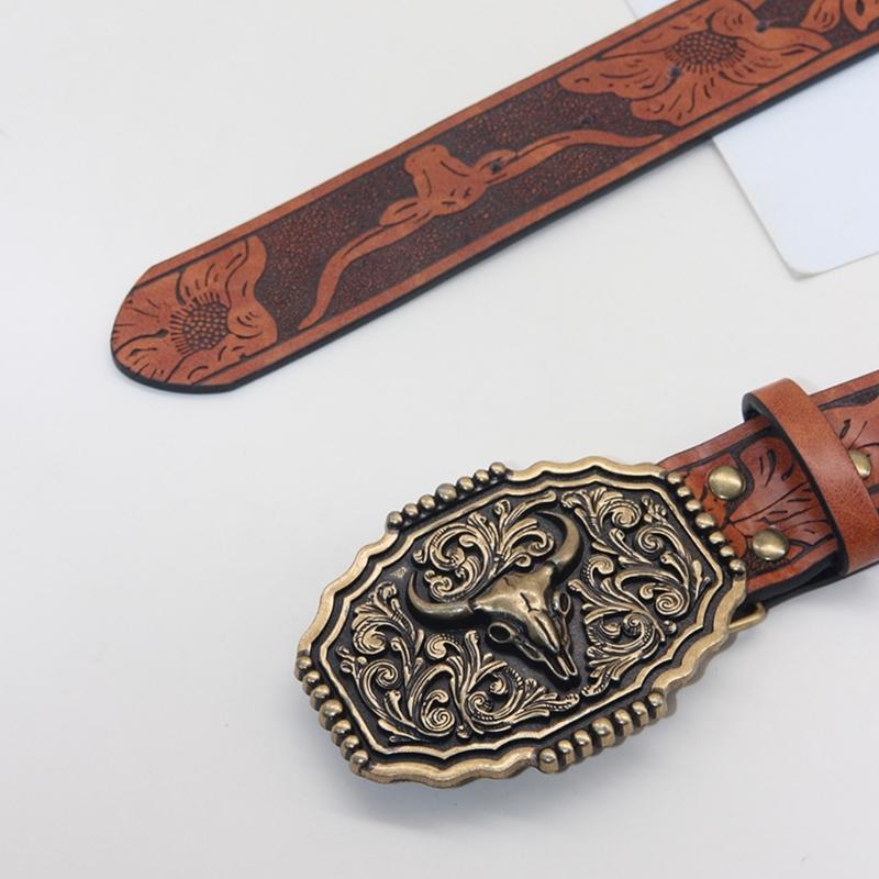 Embossed Pattern Wasitband Adjustable Belt For Daily Use And Outdoor Activity with Metal Bull Head Buckles for Men Women