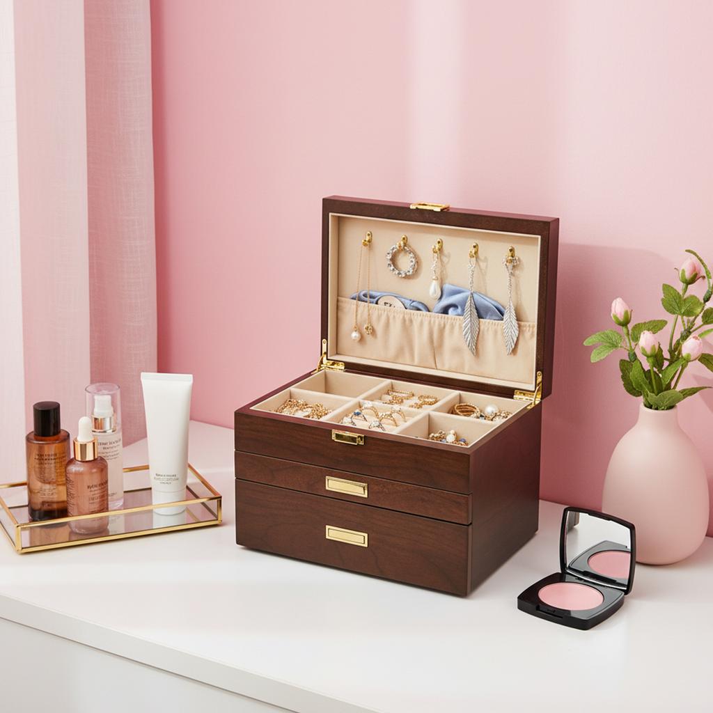 3 Layer Jewelry Organizer Drawer Jewelry Box Multifunctional Earrings Bracelet Ring Jewelry Case Display Box Black Walnut