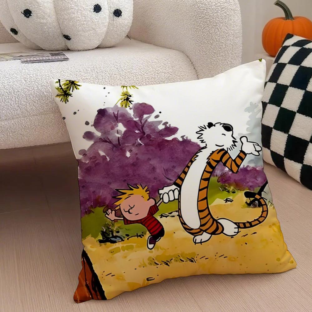 C-Calvin und H-Hobbes Kissenbezug Staubmilben-Kissenbezug Versteckter Reißverschluss seidiger kurzer Plüsch Sofakissenbezug