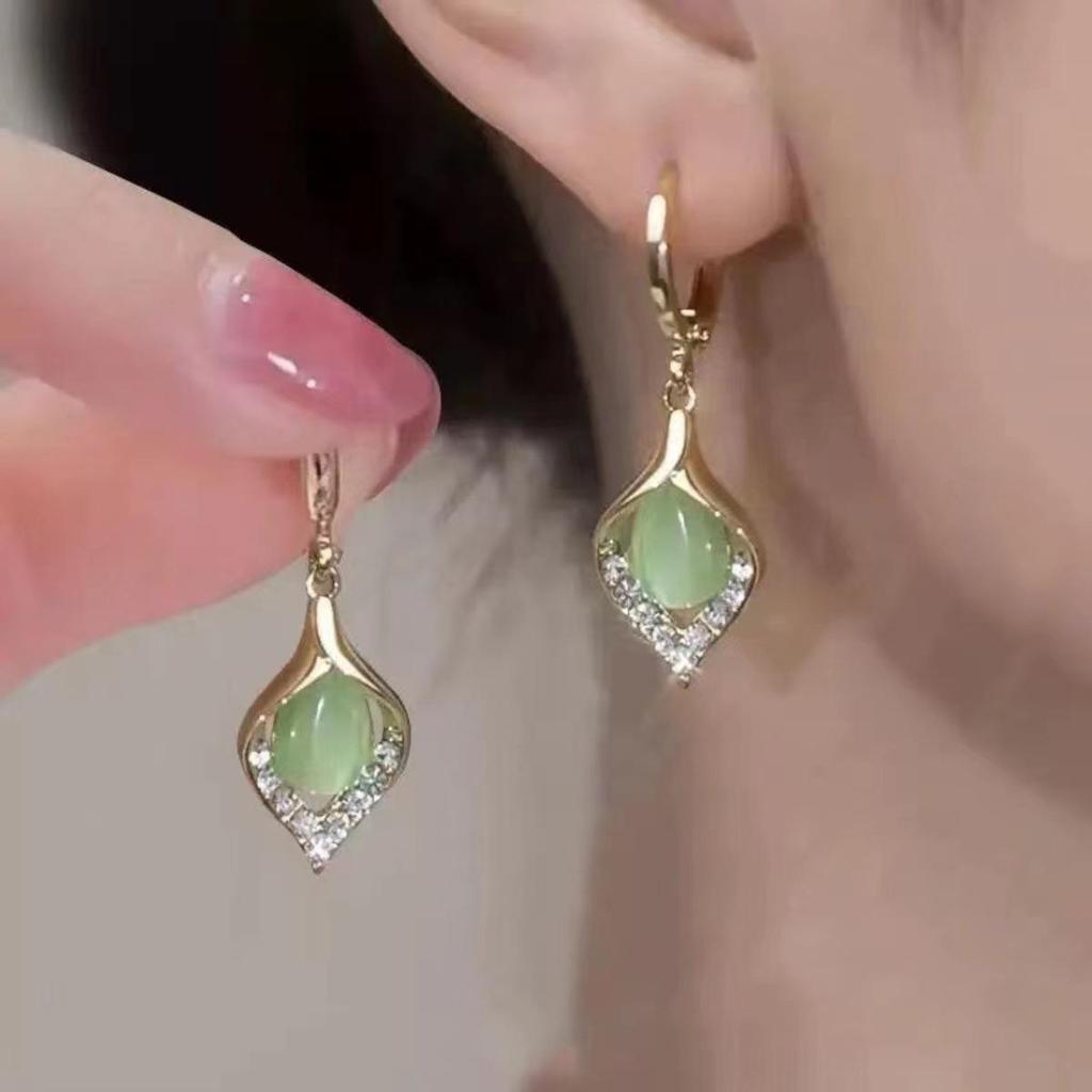 Elegant Teardrop Cat's Eye Stone Clip Earrings with Diamonds
